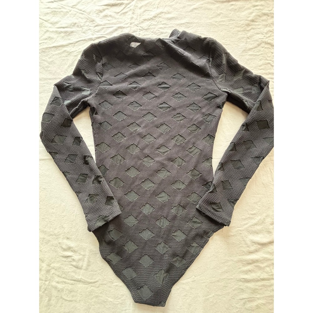 Fashion Nova Black Mesh Diamond Lattice Bodysuit Mock Neck Long Sleeve Medium - Picture 2 of 5